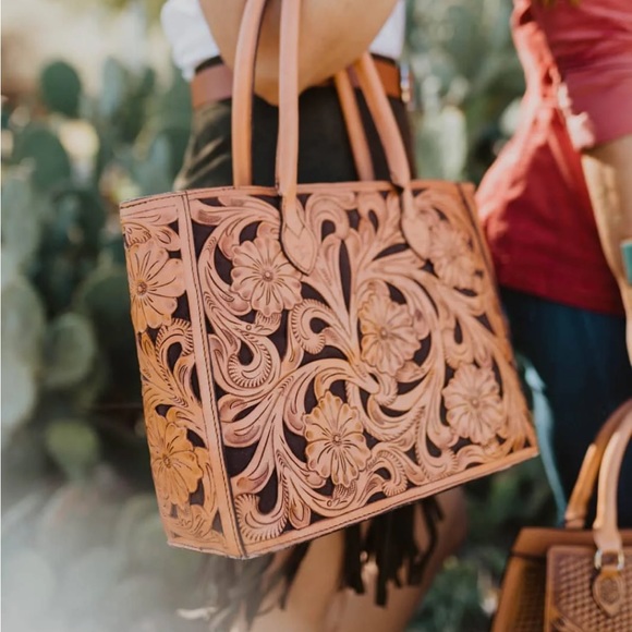 Turquoise Green Leather Floral Tote - Picture 3 of 6